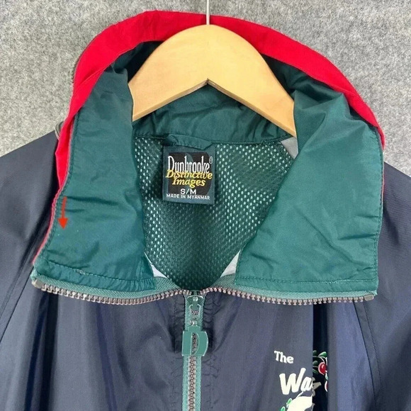 Vintage 90s Windbreaker Womens Medium Navy Packable Hood Cranberry Lightweight - Picture 3 of 16